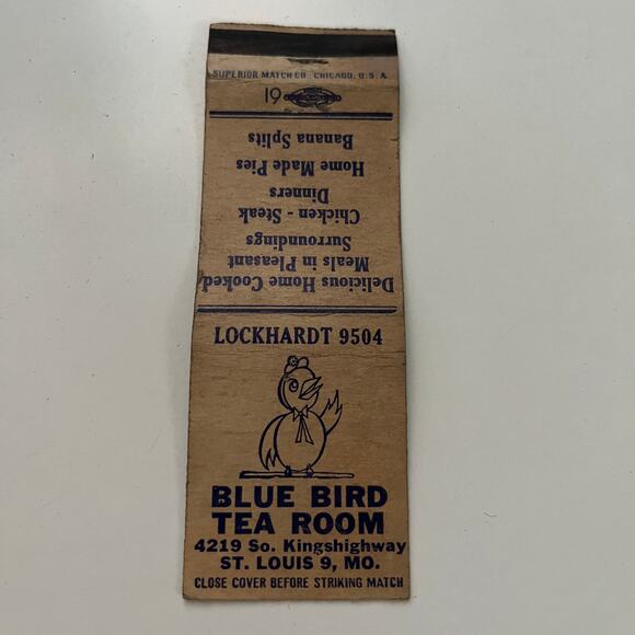 Blue Bird Tea Room Home Cooked Meals St Louis MO Vintage Matchbook Cover SMB13-2 - Picture 2 of 2